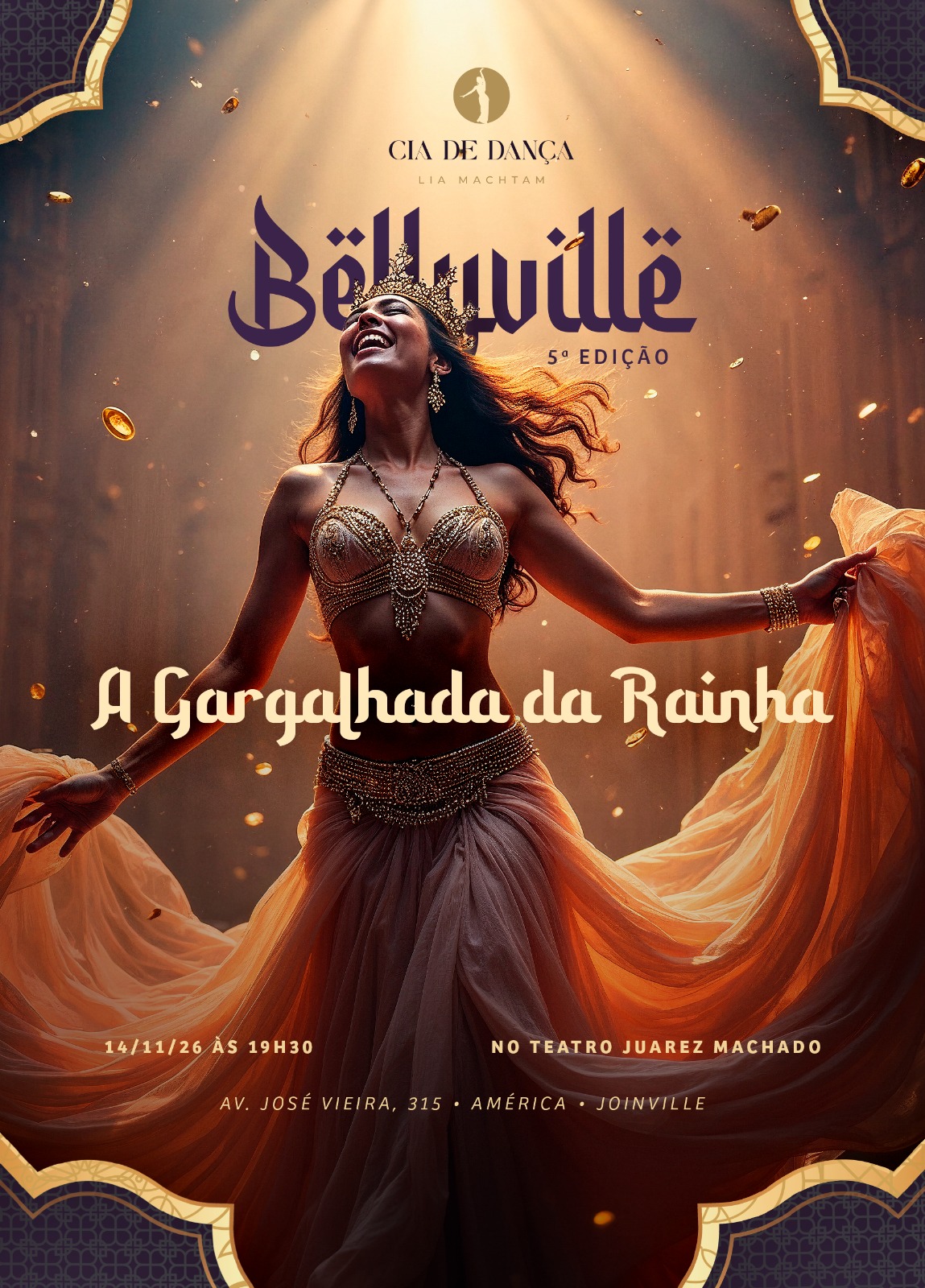 Flyer do espetáculo A Gargalhada da Rainha — Bellyville 5ª edição, 14 de novembro de 2026 no Teatro Juarez Machado
